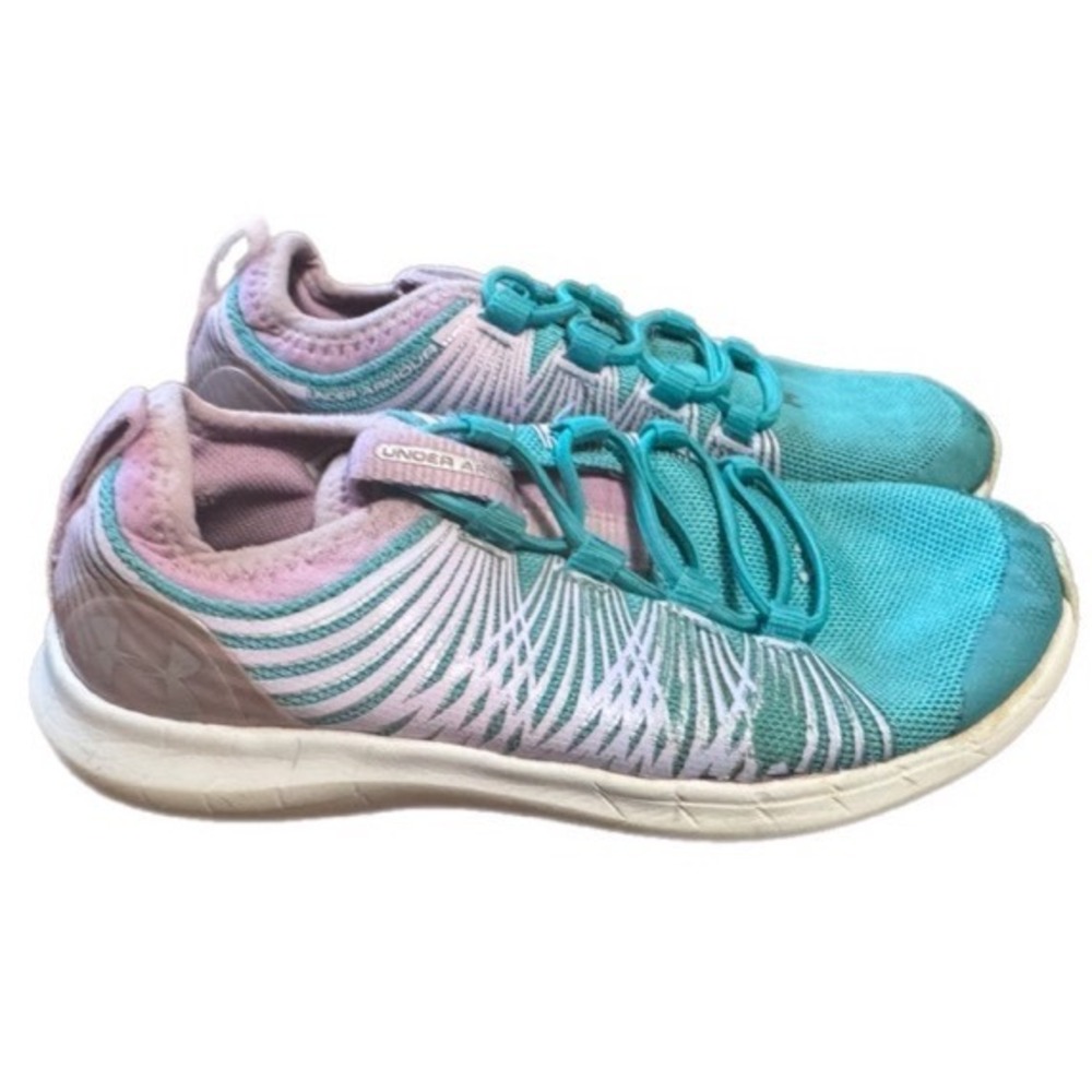 Under Armour Running Shoes Kids 1Y Teal Lavender Good Bungee Lace Sneakers